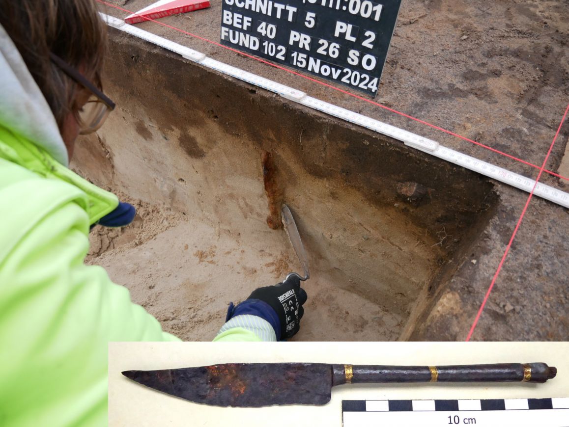 Delbrück-Bentfeld, Schafbreite: Ein kaiserzeitliches Messer während der Ausgrabung sowie im restaurierten Zustand.